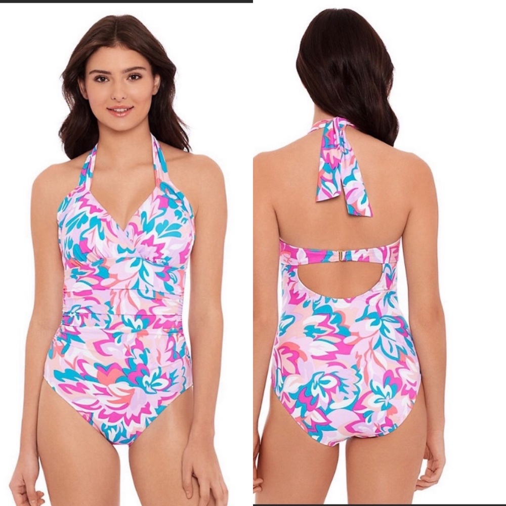 Tummy Slimmer One Piece Swimsuit Beach Native L pink floral bathing suit